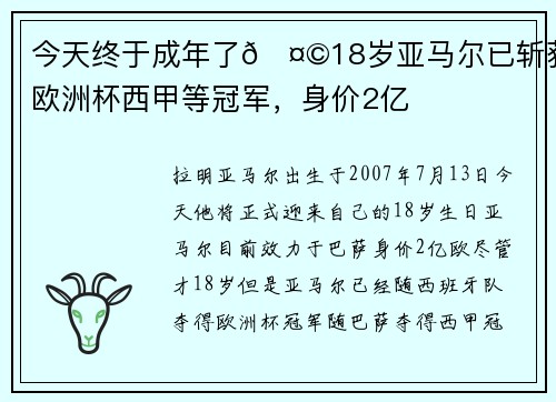 今天终于成年了🤩18岁亚马尔已斩获欧洲杯西甲等冠军，身价2亿